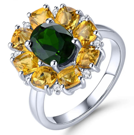 chrome diopside citrine and zircon halo ring in rhodium over sterling silver