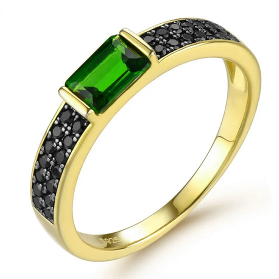 chrome diopside and black spinel band ring in black rhodium and 18k yellow gold over sterling silver