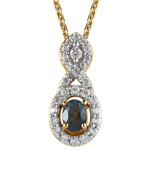 alexandrite and white zircon oval halo pendant necklace in 18k yellow gold over sterling silver