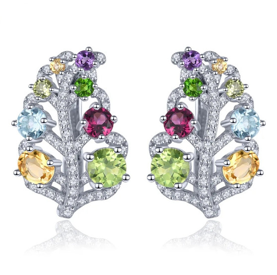 multi gemstone leaf earrings in rhodium over sterling silver