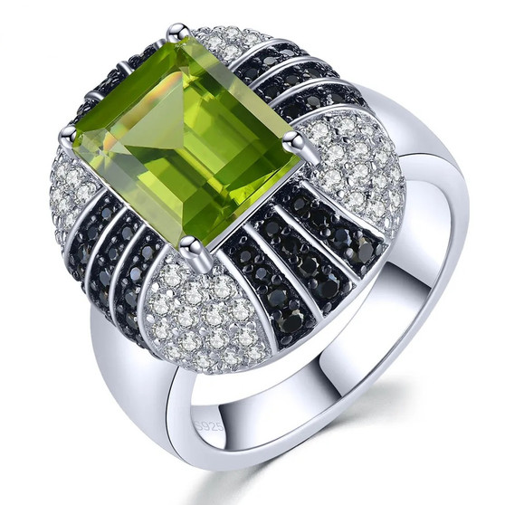 peridot black spinel and white zircon statement ring in rhodium over sterling silver
