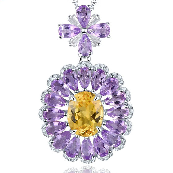 front view of citrine amethyst and white zircon necklace in rhodium over sterling silver