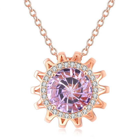 rose de france amethyst fancy round concave cut halo necklace in 18k rose gold over sterling silver