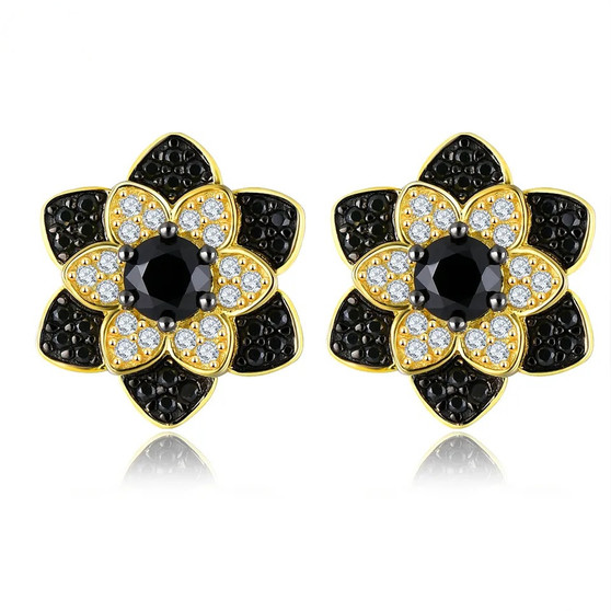 black spinel and zircon flower stud earrings in 18k yellow gold over sterling silver