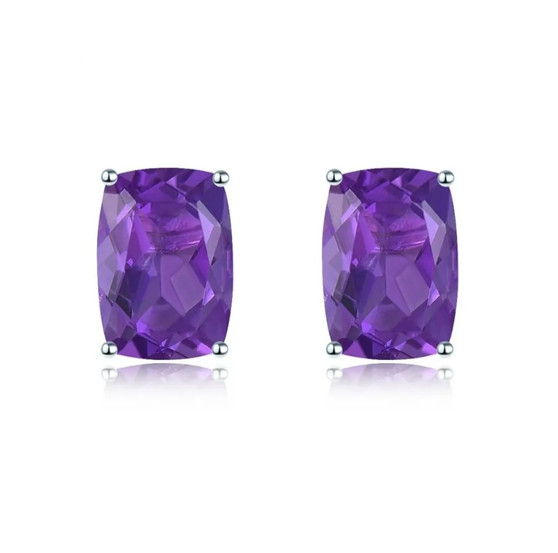 amethyst 7x5mm cushion cut stud earrings in rhodium over sterling silver