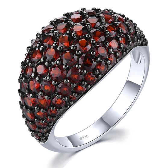 domed garnet band ring in black and white rhodium over sterling silver