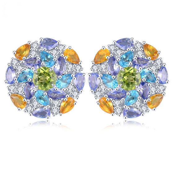 peridot swiss blue topaz tanzanite citrine and zircon cluster stud earrings in rhodium over sterling silver