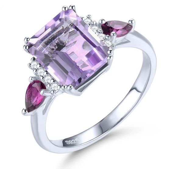 amethyst rhodolite garnet and white zircon ring in rhodium over sterling silver