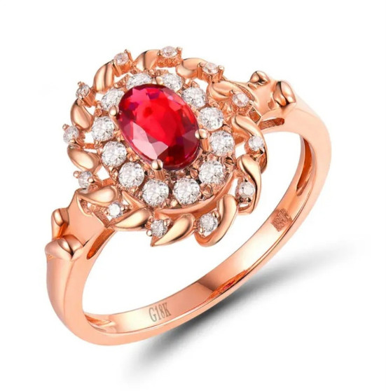 ruby and diamond halo ring in 18k rose gold