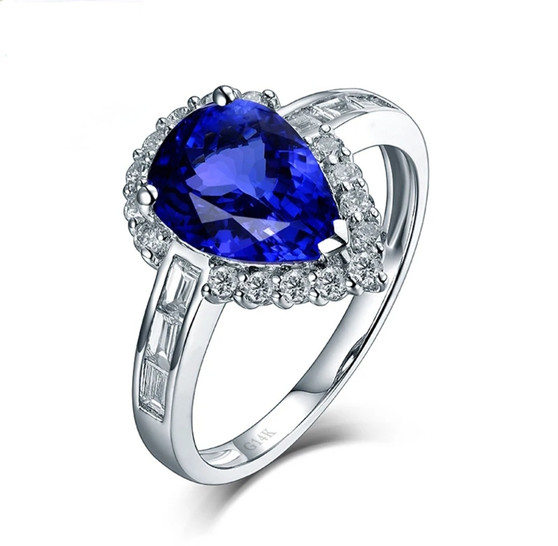 tanzanite and diamond pear halo ring in 14k white gold