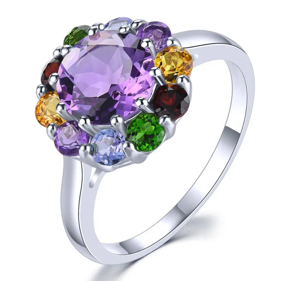amethyst and multi gemstone halo ring in rhodium over sterling silver