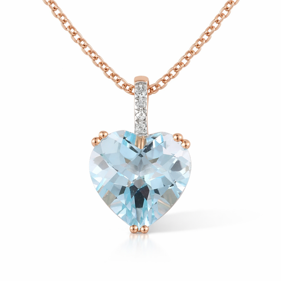 front view of sky blue topaz and diamonds heart pendant necklace in 14k rose gold
