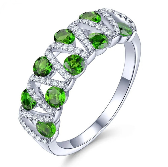 chrome diopside and white zircon openwork ring in rhodium over sterling silver