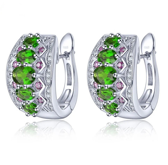chrome diopside rhodolite garnet and white zircon earrings in rhodium over sterling silver
