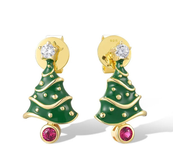 lab ruby and cubic zirconia christmas tree stud earrings in 18k yellow gold over sterling silver