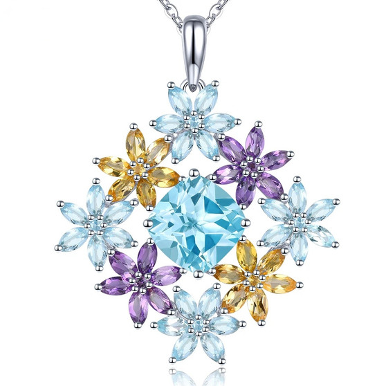 sky blue topaz amethyst and citrine cluster necklace in rhodium over sterling silver