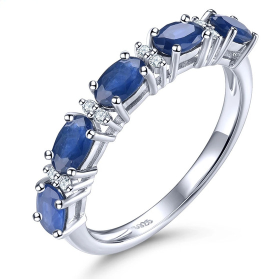 sapphire and white zircon band ring in rhodium over sterling silver