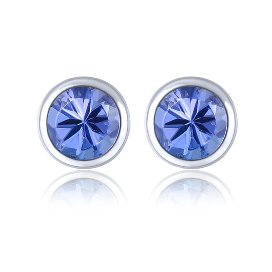 bezel set 3 5mm round tanzanite stud earrings in 10k white gold