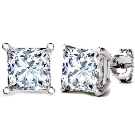 white or black moissanite princess cut stud earrings in 10k white gold