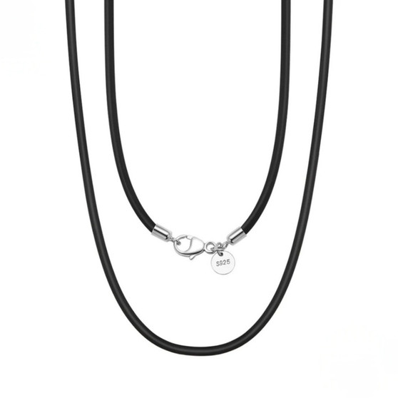 black leather cord rhodium over sterling silver necklace front