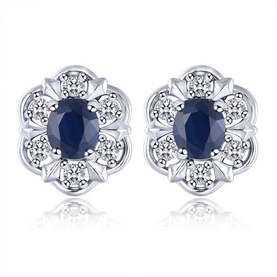 sapphire and zircon oval halo stud earrings in rhodium over sterling silver