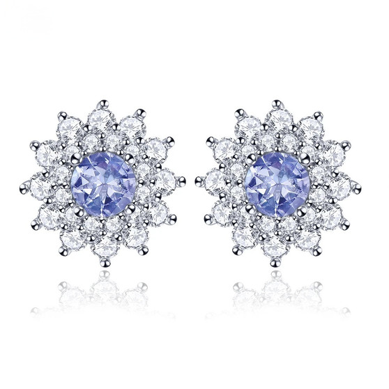tanzanite and zircon round halo stud earrings on rhodium over sterling silver
