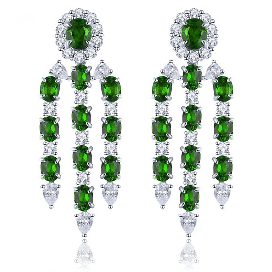 chrome diopside and white zircon dangle earrings in rhodium over sterling silver