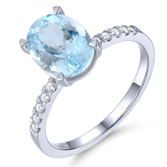 front view of oval aquamarine and diamond ring in 14k white gold