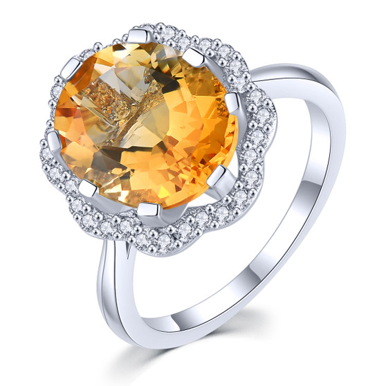 citrine and white zircon halo ring in rhodium over sterling silver