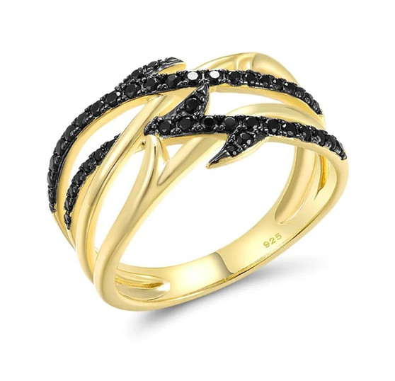 black spinel openwork band ring in 18k yellow gold over sterling silver