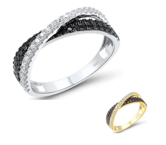 black spinel and cubic zirconia cross over band ring in rhodium over sterling silver