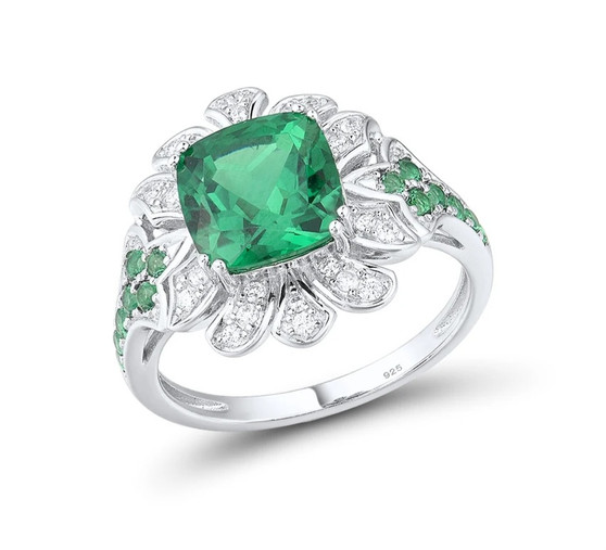 lab green spinel and cubic zirconia ring in rhodium over sterling silver