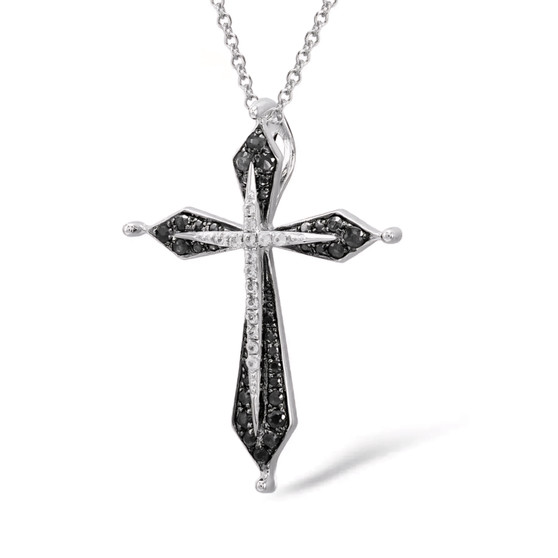 black spinel and cubic zirconia cross in black and white rhodium over sterling silver