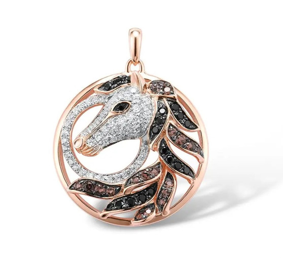 horse necklace with cz black spinel and lab created brown spinel in 18k rose gold over sterling silver