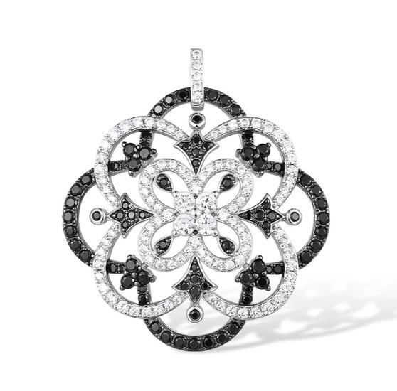 black spinel and cubic zirconia cluster necklace in black and white rhodium over sterling silver
