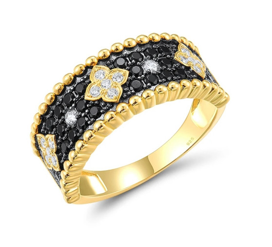 black spinel and cubic zirconia band ring in black rhodium and 18k yellow gold over sterling silver