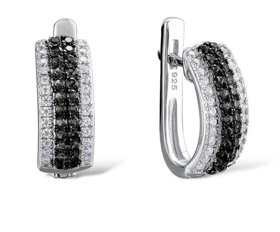 black spinel and white zircon hoop earrings in black and white rhodium over sterling silver