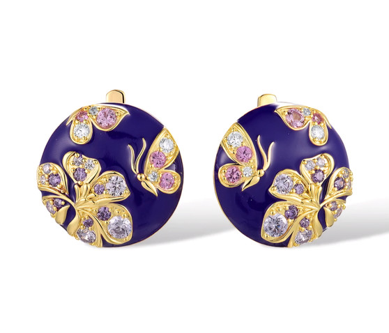 cz butterfly and flower earrings in blue enamel and 18k yellow gold over sterling silver
