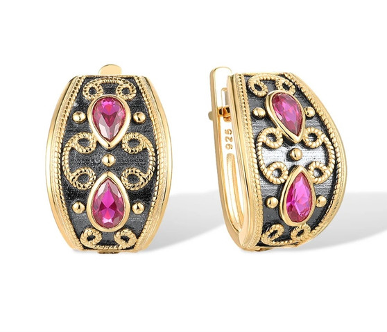 lab ruby earrings in black rhodium and 18k yellow gold over sterling silver