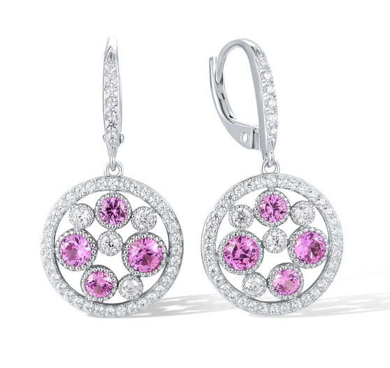lab pink sapphire and cz round dangle earrings in rhodium over sterling silver