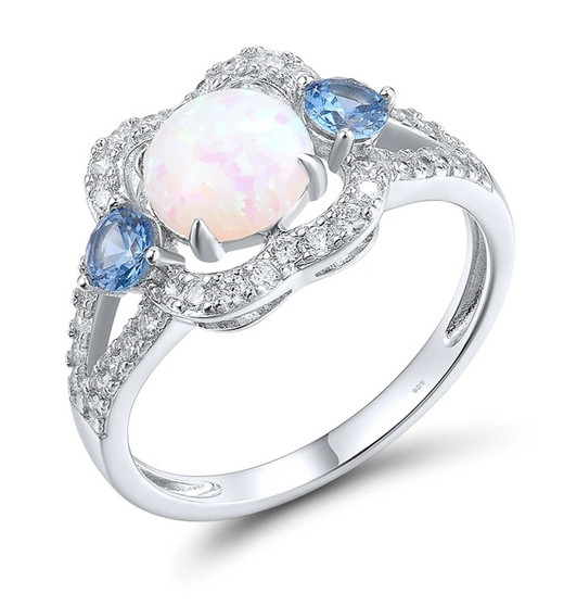lab opal spinel and cubic zirconia halo ring in rhodium over sterling silver