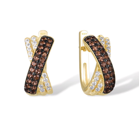 lab brown spinel and white cz cross over earrings in 18k yellow gold over sterling silver