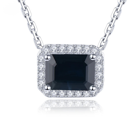 sapphire and white zircon halo necklace in rhodium over sterling silver
