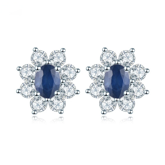sapphire and white zircon halo stud earrings in rhodium over sterling silver