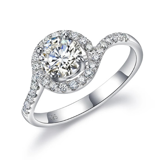 moissanite round bypass ring in rhodium over sterling silver