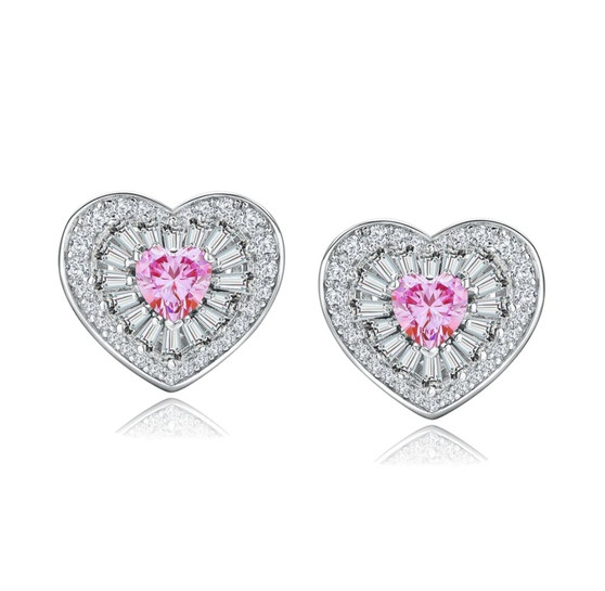 pink moissanite heart halo stud earrings in rhodium over sterling silver