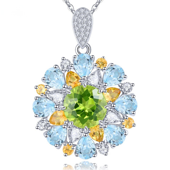 peridot citrine blue topaz and zircon cluster necklace in rhodium over sterling silver