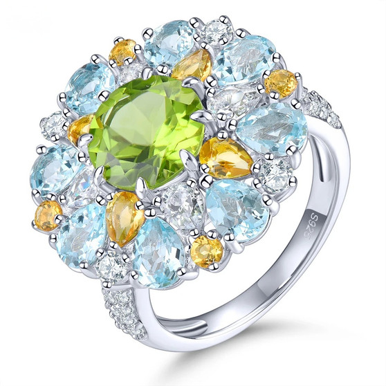 peridot citrine blue topaz and zircon cluster ring in rhodium over sterling silver