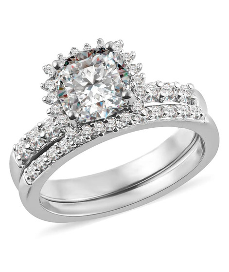 womens moissanite halo bridal set in 10k white gold