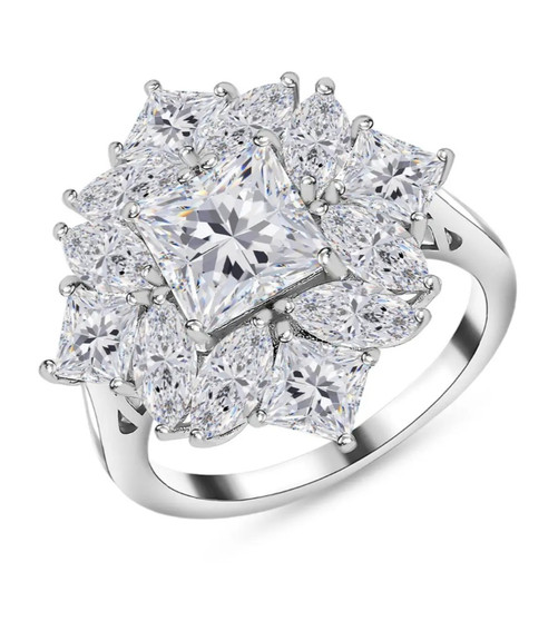 moissanite cluster ring in rhodium over sterling silver